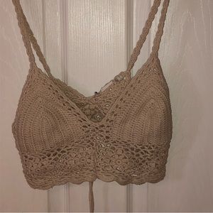 Spaghetti strap,crochet crops. Tie back beige